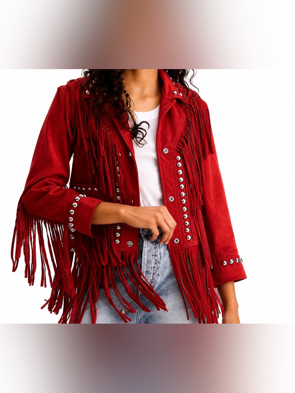 Free People -Understated Leather Suede Red Fringe Studded Suede Jacket - Women